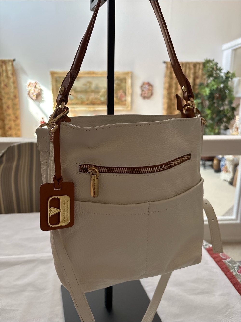 Valentina White Crossbody Bag with Brown Accents